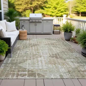 9' X 12' Fern Green And Beige Geometric Washable Indoor Outdoor Area Rug