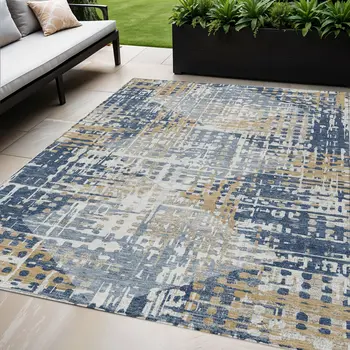 5' X 8' Navy Blue And Beige Geometric Washable Indoor Outdoor Area Rug