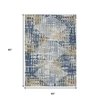5' X 8' Navy Blue And Beige Geometric Washable Indoor Outdoor Area Rug