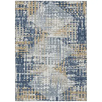 5' X 8' Navy Blue And Beige Geometric Washable Indoor Outdoor Area Rug