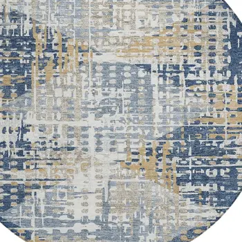 8' Navy Blue And Beige Round Geometric Washable Indoor Outdoor Area Rug