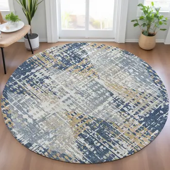 8' Navy Blue And Beige Round Geometric Washable Indoor Outdoor Area Rug