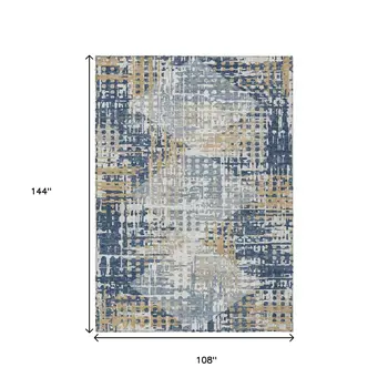 9' X 12' Navy Blue And Beige Geometric Washable Indoor Outdoor Area Rug