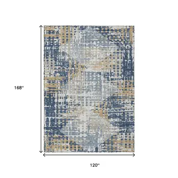 10' X 14' Navy Blue And Beige Geometric Washable Indoor Outdoor Area Rug