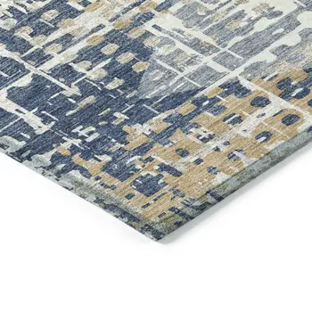 10' X 14' Navy Blue And Beige Geometric Washable Indoor Outdoor Area Rug