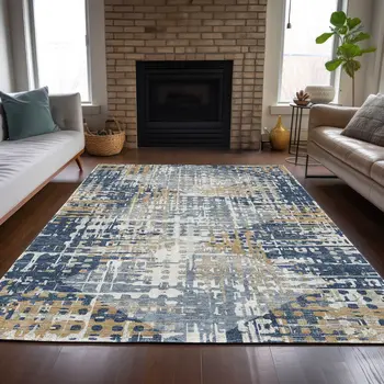 10' X 14' Navy Blue And Beige Geometric Washable Indoor Outdoor Area Rug
