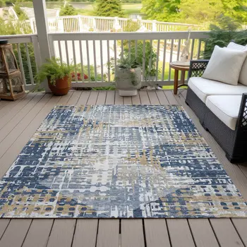 10' X 14' Navy Blue And Beige Geometric Washable Indoor Outdoor Area Rug