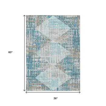 3' X 5' Teal Blue And Beige Geometric Washable Indoor Outdoor Area Rug