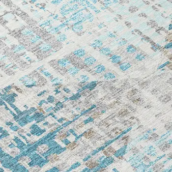 3' X 5' Teal Blue And Beige Geometric Washable Indoor Outdoor Area Rug