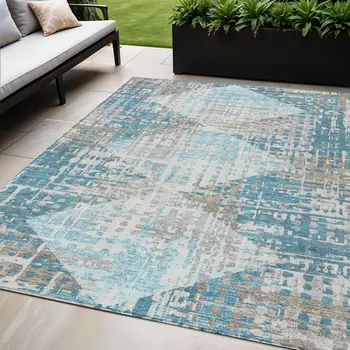 5' X 8' Teal Blue And Beige Geometric Washable Indoor Outdoor Area Rug