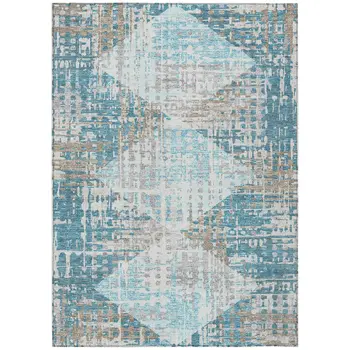 5' X 8' Teal Blue And Beige Geometric Washable Indoor Outdoor Area Rug