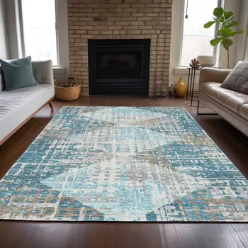 5' X 8' Teal Blue And Beige Geometric Washable Indoor Outdoor Area Rug