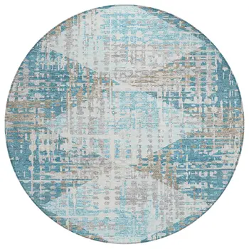 8' Teal Blue And Beige Round Geometric Washable Indoor Outdoor Area Rug
