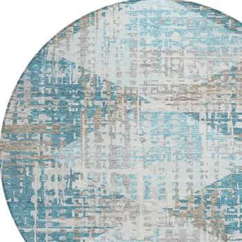 8' Teal Blue And Beige Round Geometric Washable Indoor Outdoor Area Rug