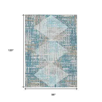 8' X 10' Teal Blue And Beige Geometric Washable Indoor Outdoor Area Rug