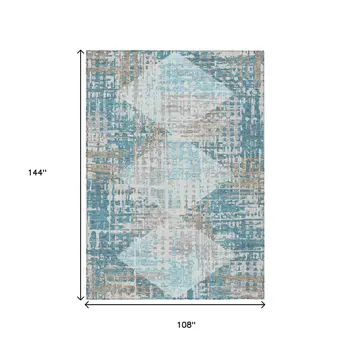9' X 12' Teal Blue And Beige Geometric Washable Indoor Outdoor Area Rug