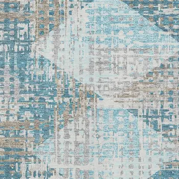 9' X 12' Teal Blue And Beige Geometric Washable Indoor Outdoor Area Rug