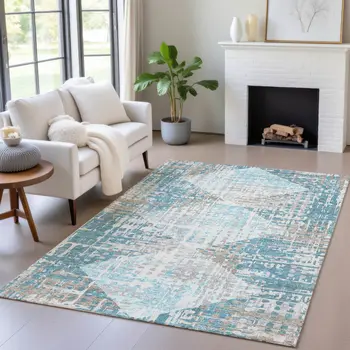 10' X 14' Teal Blue And Beige Geometric Washable Indoor Outdoor Area Rug