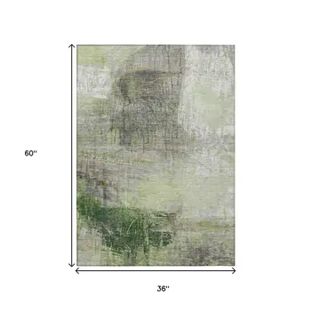 3' X 5' Artichoke Green And Ivory Abstract Washable Indoor Outdoor Area Rug