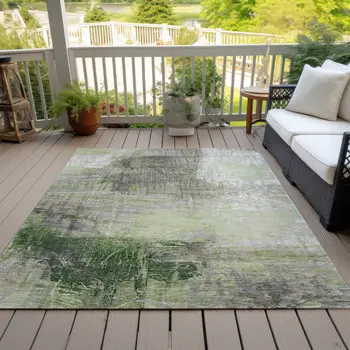 3' X 5' Artichoke Green And Ivory Abstract Washable Indoor Outdoor Area Rug