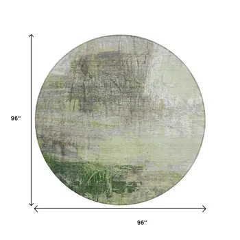 8' Artichoke Green And Ivory Round Abstract Washable Indoor Outdoor Area Rug
