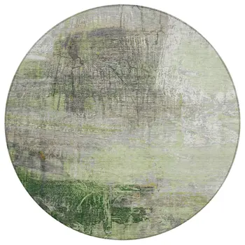 8' Artichoke Green And Ivory Round Abstract Washable Indoor Outdoor Area Rug