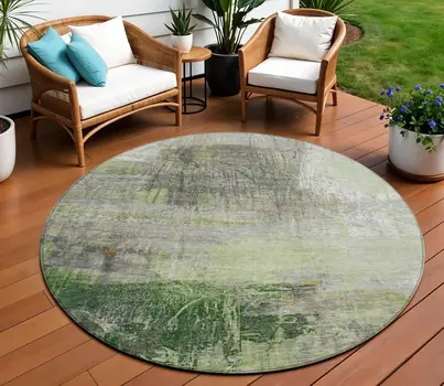 8' Artichoke Green And Ivory Round Abstract Washable Indoor Outdoor Area Rug