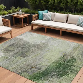 10' X 14' Artichoke Green And Ivory Abstract Washable Indoor Outdoor Area Rug