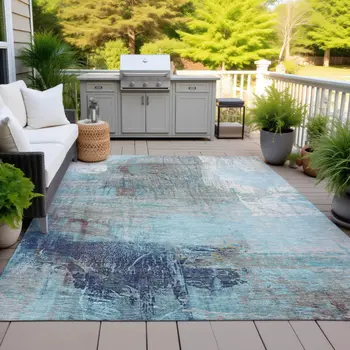 5' X 8' Teal Blue And Gray Abstract Washable Indoor Outdoor Area Rug