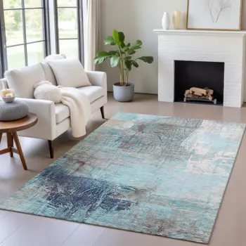 5' X 8' Teal Blue And Gray Abstract Washable Indoor Outdoor Area Rug