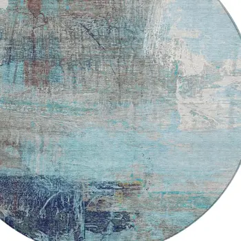 8' Teal Blue And Gray Round Abstract Washable Indoor Outdoor Area Rug
