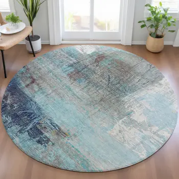 8' Teal Blue And Gray Round Abstract Washable Indoor Outdoor Area Rug