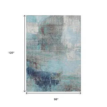8' X 10' Teal Blue And Gray Abstract Washable Indoor Outdoor Area Rug