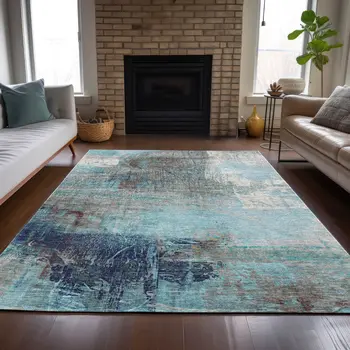 9' X 12' Teal Blue And Gray Abstract Washable Indoor Outdoor Area Rug