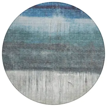 8' Blue And Gray Round Abstract Washable Indoor Outdoor Area Rug