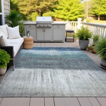9' X 12' Blue And Gray Abstract Washable Indoor Outdoor Area Rug
