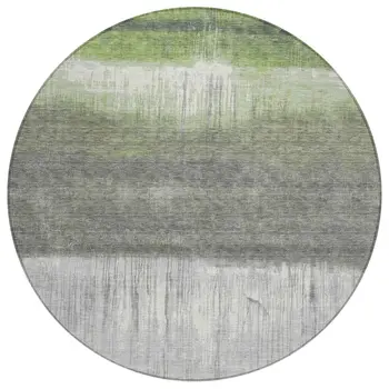 8' Fern Green And Gray Round Abstract Washable Indoor Outdoor Area Rug