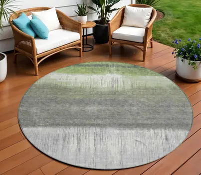 8' Fern Green And Gray Round Abstract Washable Indoor Outdoor Area Rug