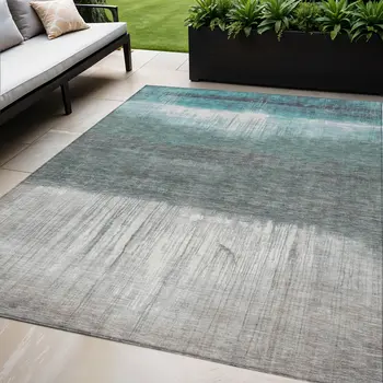 5' X 8' Teal Blue And Gray Abstract Washable Indoor Outdoor Area Rug