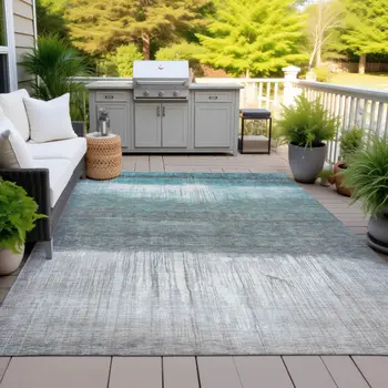 5' X 8' Teal Blue And Gray Abstract Washable Indoor Outdoor Area Rug