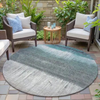 8' Teal Blue And Gray Round Abstract Washable Indoor Outdoor Area Rug