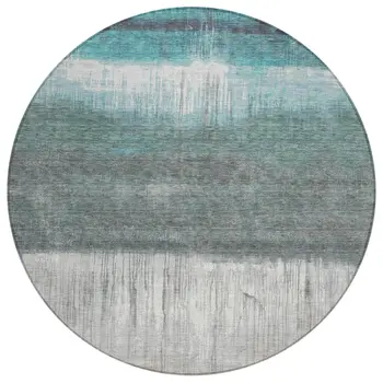 8' Teal Blue And Gray Round Abstract Washable Indoor Outdoor Area Rug