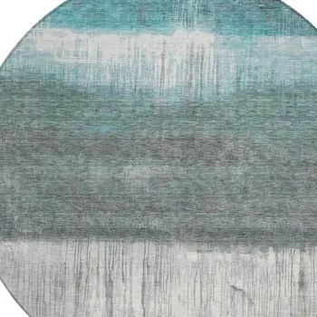 8' Teal Blue And Gray Round Abstract Washable Indoor Outdoor Area Rug