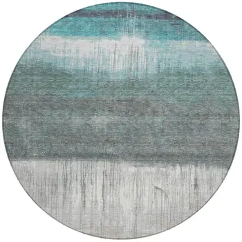 8' Teal Blue And Gray Round Abstract Washable Indoor Outdoor Area Rug
