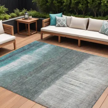 8' X 10' Teal Blue And Gray Abstract Washable Indoor Outdoor Area Rug