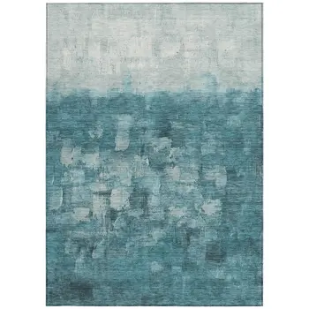 9' X 12' Teal Blue And Silver Abstract Washable Indoor Outdoor Area Rug