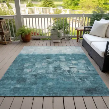 10' X 14' Teal Blue And Silver Abstract Washable Indoor Outdoor Area Rug
