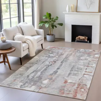 3' X 5' Copper And Gray Abstract Washable Indoor Outdoor Area Rug