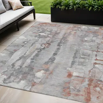 5' X 8' Copper And Gray Abstract Washable Indoor Outdoor Area Rug