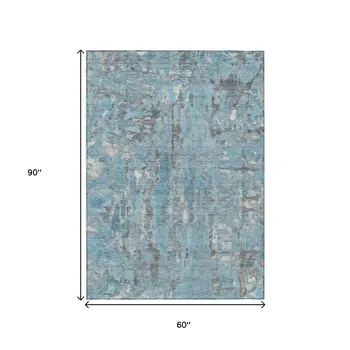 5' X 8' Denim Blue And Gray Abstract Washable Indoor Outdoor Area Rug